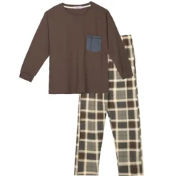 Cheibear Sleepwear Long Sleeve With Pants Brown Plaid Family Pajama Sets